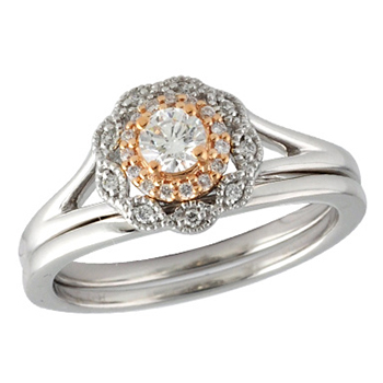 rose and white gold engagement ring with band with diamonds in circle around center diamond 